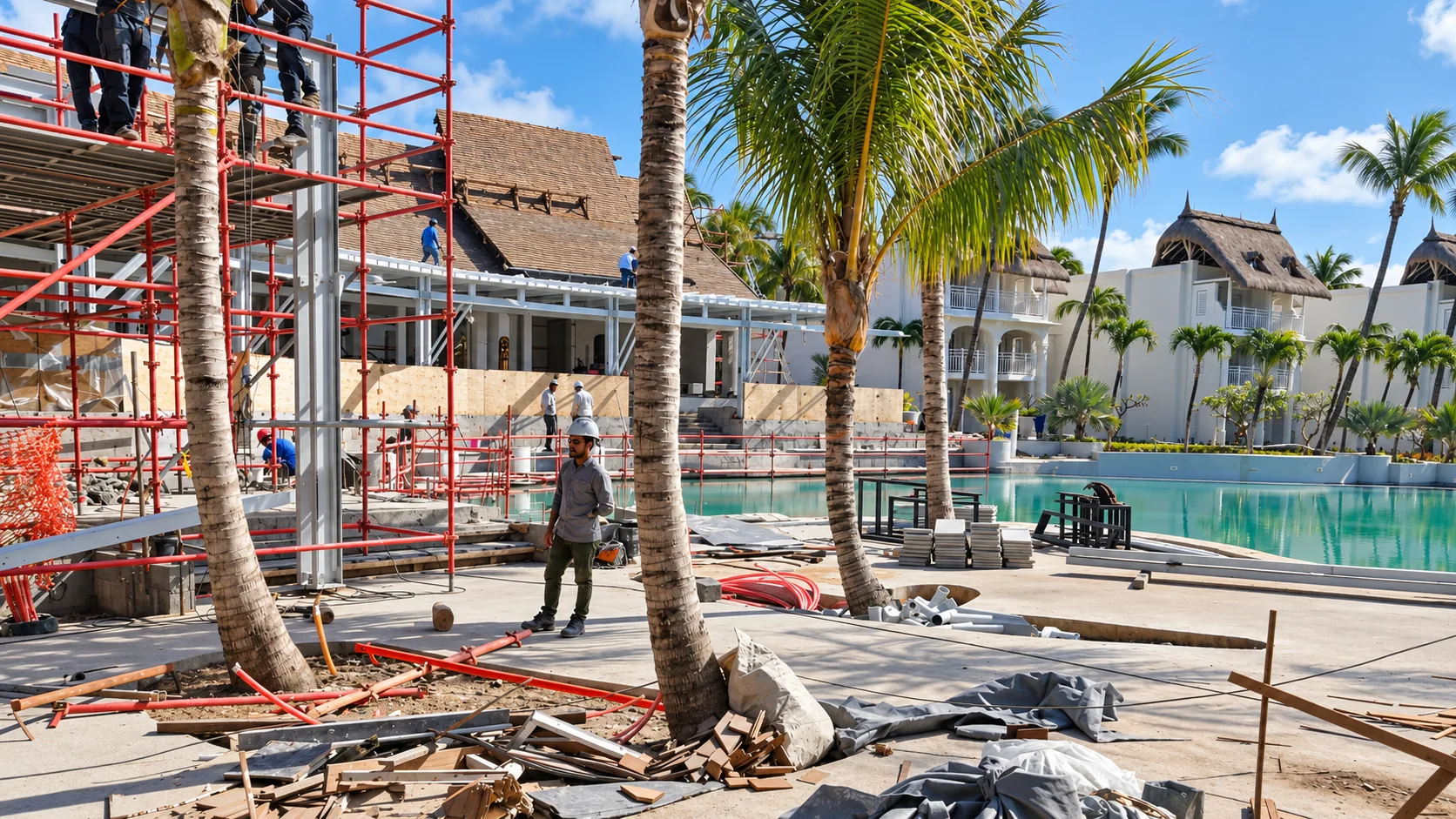 Chantier de création du deck bois pour un hôtel à l’île Maurice