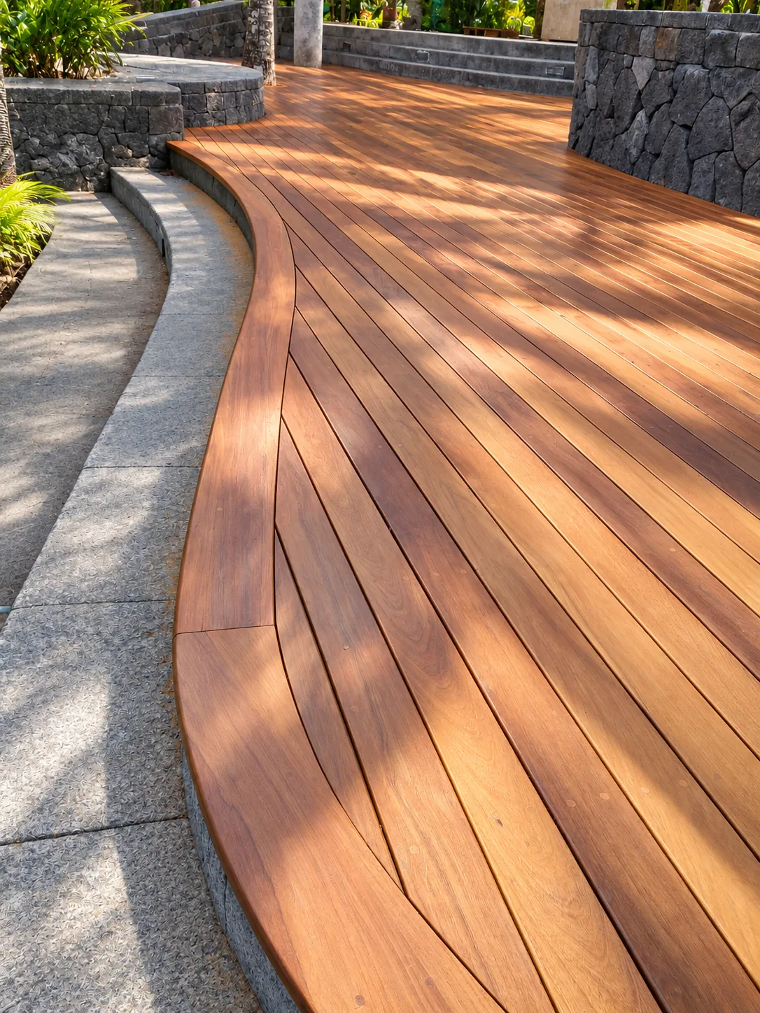 Détail de courbe sur un deck bois sur mesure