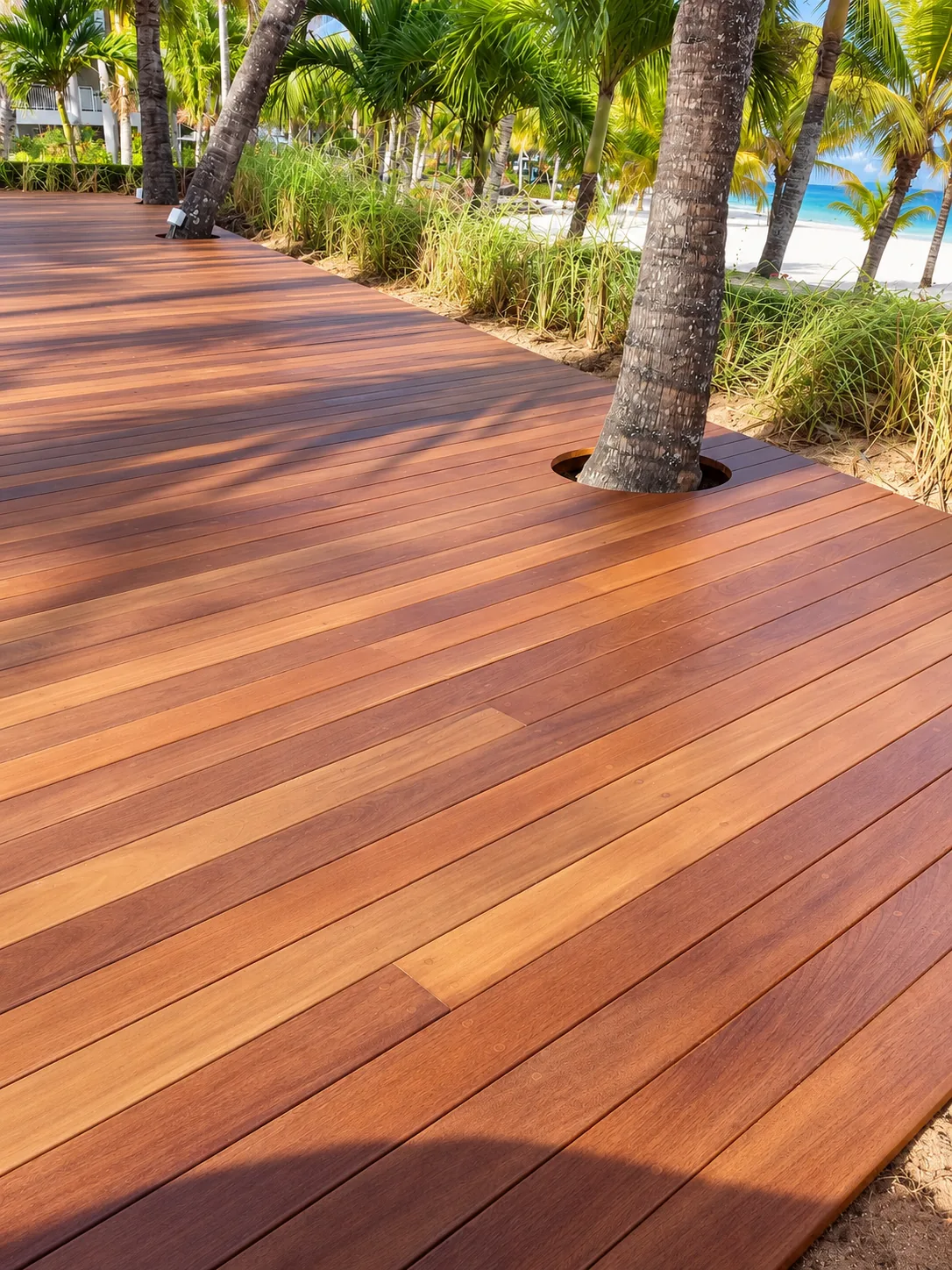 Deck bois terminé côté plage dans un hôtel à Maurice